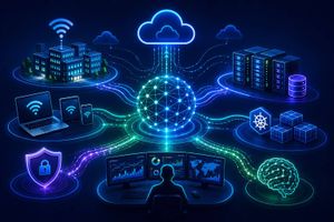 A glowing network of interconnected enterprise infrastructure elements, including servers, a laptop, a security shield, a Kubernetes symbol and an AI brain, linked by neon data streams against a dark background.