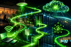 Glowing green data pathways connect a person working on a laptop to a data center of server racks, a cloud icon and a glowing globe, symbolizing a unified, connected enterprise network.