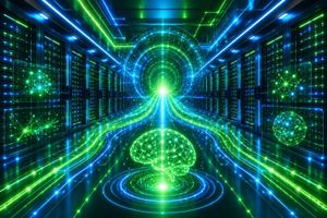 Abstract digital illustration of a glowing blue and green data center with interconnected light streams converging into a brain-like network core, symbolizing connected enterprise infrastructure.