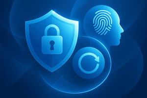 Icon illustration in blue tones showing a padlocked shield, a refresh/sync symbol and a human head with a fingerprint pattern, representing identity security and continuous protection.
