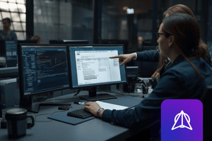 professional-style AI photo government analysts typing and pointing at screen