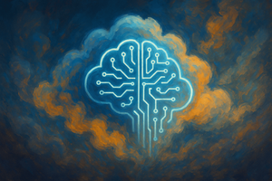 An abstract cloud with a cartoon "brain" overlaid.