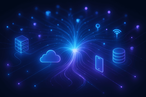 Abstract illustration of glowing blue and purple network nodes linked by streams of light, symbolizing unified enterprise IT infrastructure.
