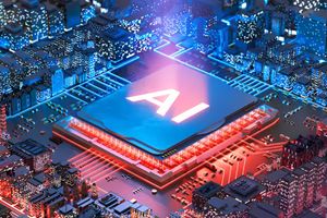 AI processor embedded within a glowing futuristic cityscape, with illuminated blue and red circuitry connecting surrounding buildings to represent AI-powered digital infrastructure and data connectivity.
