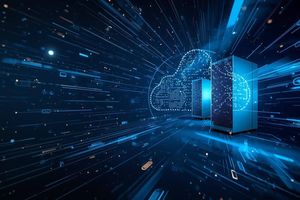 Digital image of a server floating through space at light speed ahead of a blue digital cloud. Cool.
