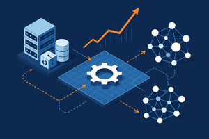 Isometric illustration of a gear linked to server racks, a database, a rising growth chart and a network of connected nodes, representing automation driving business growth.