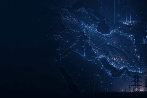 A glowing digital map highlighting Iran surrounded by network nodes, data points and silhouetted energy infrastructure, evoking a cyber conflict and critical infrastructure risk theme.