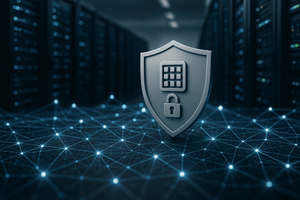 Sheild with image of lockpad and networking icon in front of data center