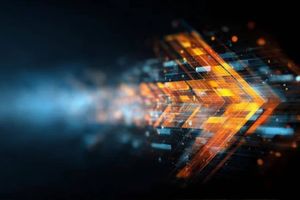 Glowing orange digital arrows moving right across a dark blue technology background, symbolizing speed, data flow, and innovation.