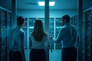 Three people stand in a server room surrounded by rows of illuminated server racks, viewing equipment through a glass door in a blue-lit data center.