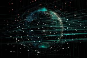 Digital globe made of glowing particles and flowing data lines, representing global connectivity and information exchange.