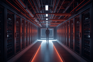futuristic data center facility visualization with person standing in view 
