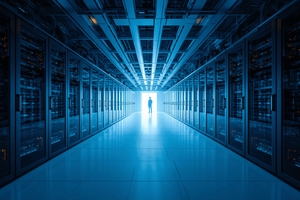 futuristic facilities infrastructure data center image with blue hues and with figure standing in the distance 