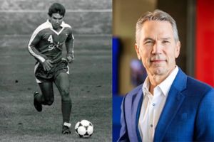 Side-by-side image showing Jim Kavanaugh running with a ball in a vintage black-and-white photo and him in a contemporary professional portrait in a blue suit.