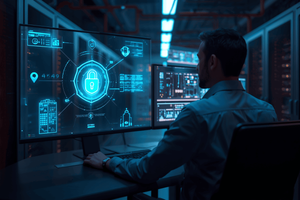 data security professional at computer futuristic workplace environment