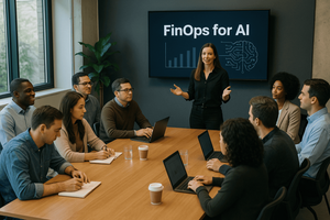 A woman presents "FinOps for AI" on a wall-mounted screen showing a bar chart and circuit-pattern brain icon, to a group of colleagues seated around a conference table with laptops and coffee cups.