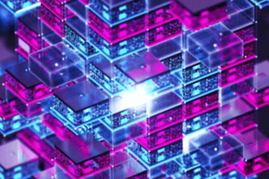 Translucent purple and pink blocks stacked on top of eachother with a white light shining through them from behind