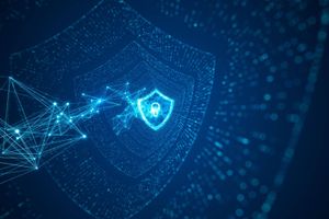 Digital network connections converge on a glowing shield with a lock icon, representing cybersecurity, data protection and secure digital infrastructure.