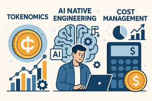 An illustration representing the tokenomics of AI native engineering, showing icons for cost, AI processing and cost management analytics.