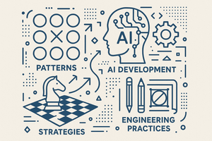 Illustration of AI development concepts, including patterns, strategies and engineering practices, shown as connected icons surrounding a human head silhouette.