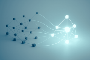 A minimalist, abstract 3D render of glowing geometric network nodes connected by light trails