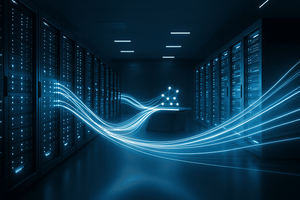 A modern data center interior with rows of illuminated server racks glowing in cool blue and white light, abstract flowing light trails representing data migration moving from one section of the room to a sleek, futuristic unified control panel of glowing nodes. 