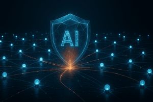 A glowing blue AI shield icon at the center of a digital network, representing secure AI inference at the edge.