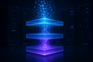 Abstract visualization of tiered computer memory architecture, glowing translucent layers stacked vertically