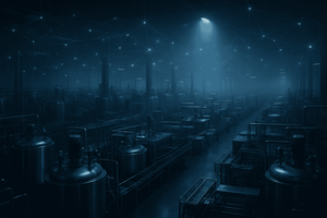 A vast, dimly lit pharmaceutical manufacturing floor at dusk, rows of steel processing tanks and automated production lines stretching into the distance
