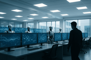 Illustration of a bright, modern security operations center with robotic monitoring systems at consoles and one empty station left unattended