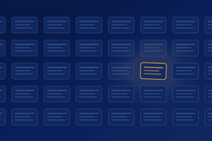 Abstract dark blue grid of rounded rectangle UI blocks with one document icon highlighted in orange, symbolizing AI-generated content review.