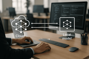 A person typing at a desk with an overlay graphic comparing data flow between a cloud icon and a local model icon.