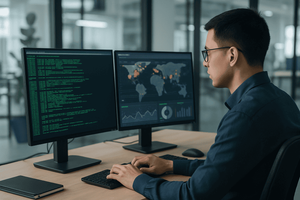 Cybersecurity analyst reviewing data on dual monitors at a modern office workstation.