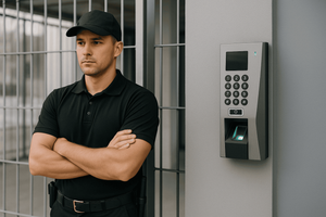 A uniformed security guard stands with arms crossed beside a keypad access control panel at a gated entrance.