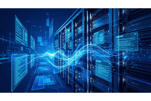 abstract futuristic AI infrastructure environment with shades of blue coloring 