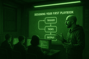 AI-generated illustration of a presenter explaining a "Designing Your First Playbook" Trigger-Tasks-Output flowchart to three colleagues at workstations in a green-tinted tech environment.