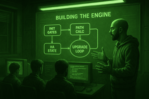 Illustration of a presenter explaining a four-stage "Building the Engine" playbook diagram (Init Gates, Path Calc, HA State, Upgrade Loop) to colleagues seated at computer workstations in a green-lit control room.