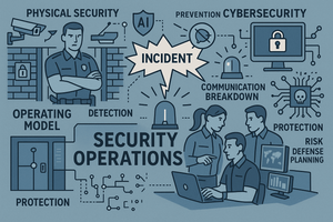 Illustration of security personnel collaborating amid icons representing physical security, cybersecurity, detection, incident response and operations converging into one security operations model.