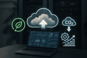 Illustration of a laptop with cloud, recycling and CO2 icons representing sustainable cloud computing.