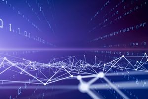 Abstract digital network visualization with connected data points and geometric lines extending across a blue and purple background filled with binary-style symbols, representing data connectivity and technology.