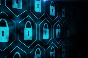 Digital padlock icons arranged in a network pattern, representing cybersecurity, data protection and secure access across connected systems.