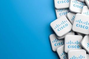 Stacked Cisco logo tiles arranged along the right side of a blue background, symbolizing Cisco's partner ecosystem and technology portfolio.