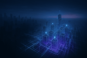 Aerial view of a futuristic city at dusk where half the buildings glow with connected data networks and the other half fade into unmapped darkness.