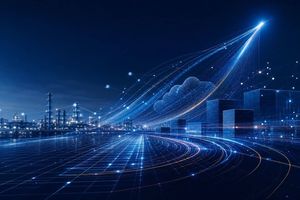 A glowing upward light trail streaks above a futuristic city skyline, symbolizing exponential growth driven by AI.