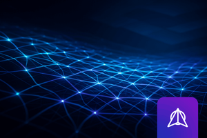 Abstract illustration of a glowing blue interconnected network mesh representing fabric architecture.