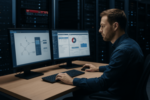 A security engineer monitors network management dashboards on dual monitors in a data center.