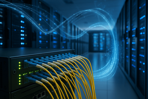 Glowing blue fiber-optic light trails connect server racks inside a data center, representing an optical network link between facilities.