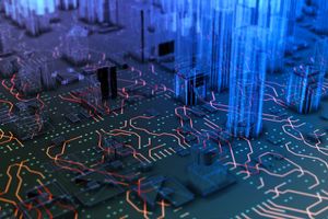 Abstract illustration of a digital cityscape with glowing blue structures and interconnected circuit-like pathways, representing data, networking, and advanced technology infrastructure.