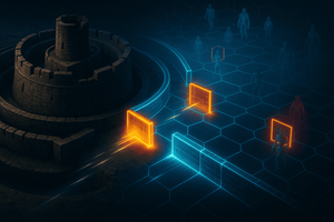 Illustration of a stone fortress transitioning into a glowing digital network of segmented hexagonal barriers, representing zero trust security for agentic AI.