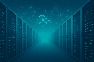 Illustration of a data center server room with a glowing cloud and network icon overlay, symbolizing unified server and endpoint management.